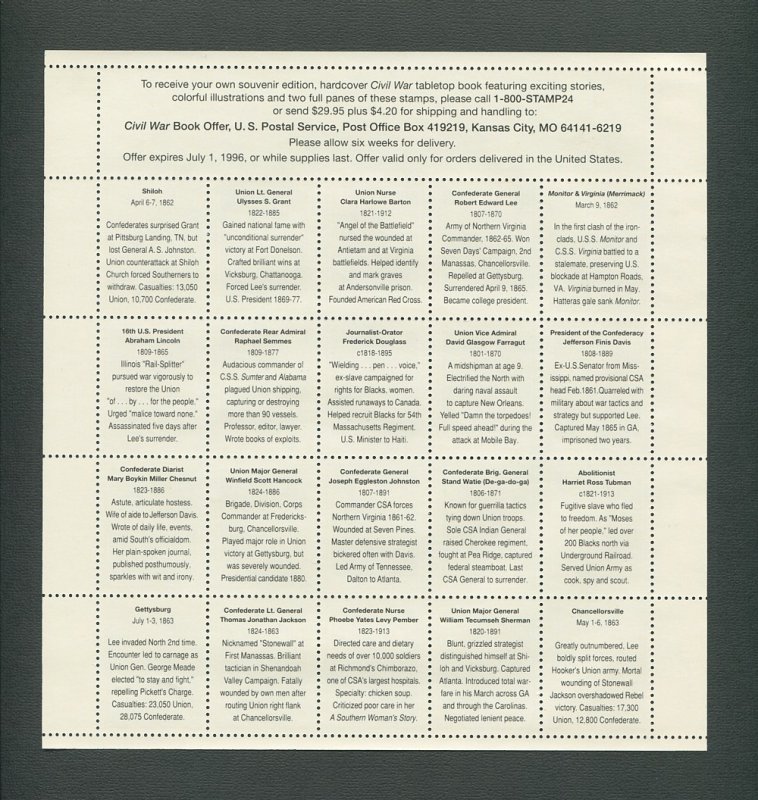 Civil War US Postage Stamp Commemorative Sheet  1994