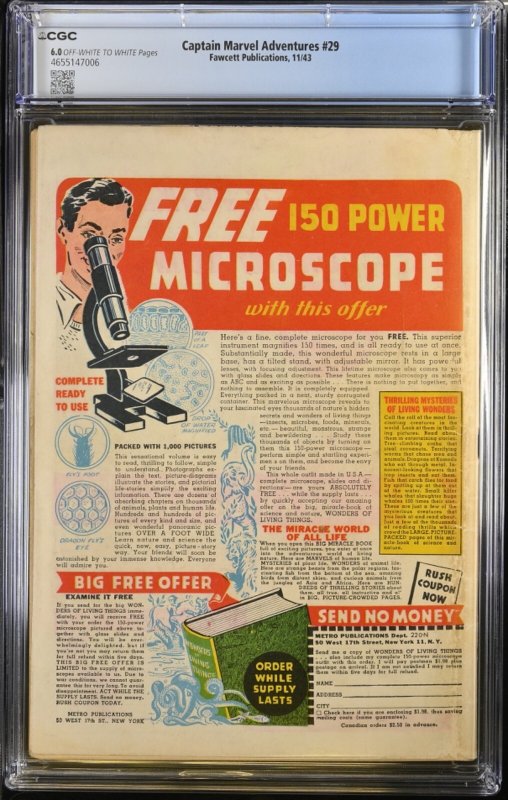 (1943) Captain Marvel Adventures #29 1st Mr Mind Cover! CGC 6.0 OW/WP!