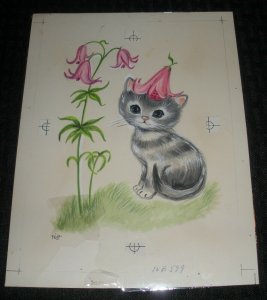 GET WELL SOON Cute Grey Kitten w/ Tulip Hat 6.5x8.5 Greeting Card Art #B599