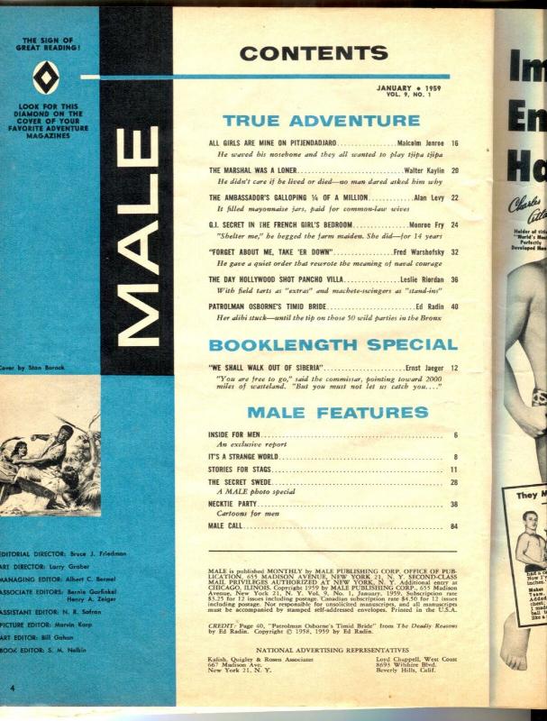 Male Magazine January 1959- Pitjendajara Island- Men's Adventure VG