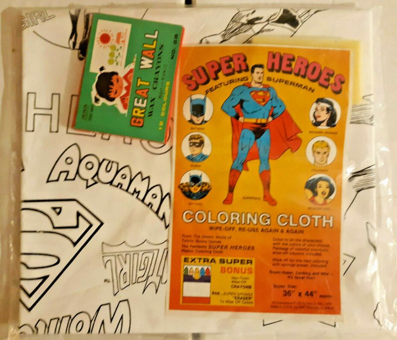 Super-Heroes Coloring Cloth W/Crayons -Superman/Batman/JLA- NIP-1978-NEW-VINTAGE