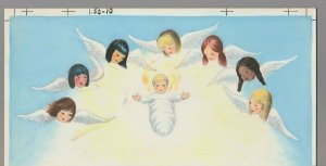 BABY JESUS IN HEAVEN w/ 7 ANGELS 10.5x5.5 #15010 Christmas Greeting Card Art