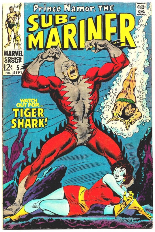 SUB-MARINER #5 (Sept 1968) 7.5 VF-  Roy Thomas & John Buscema! 1st Tiger Shark!