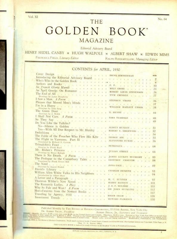 Golden Book April 1930- O Henry- Aldous Huxley- Milt Gross