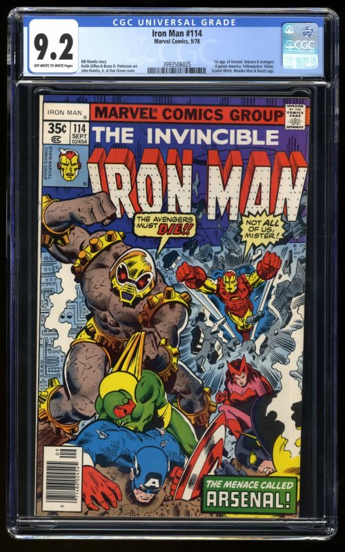 Iron Man #114 CGC NM- 9.2 Off White to White 1st Appearance Arsenal!