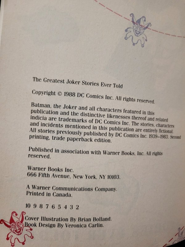 Greatest Joker Stories Ever Told TPB (DC Warner 1988) 2nd Print BATMAN Anthology