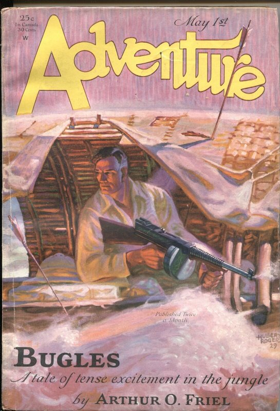 ADVENTURE  MAY 1 1929---TOMMY GUN COVER BY HUBERT ROGERS--PULP THRILLS 