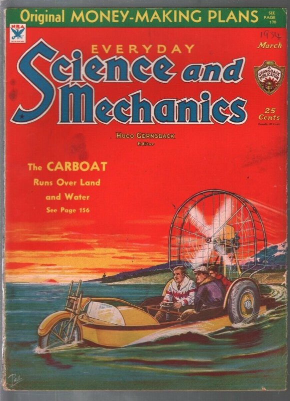 Everyday Science & Mechanics 3/1934-Frank R Paul-carboat-Dunninger-VG