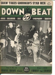 Down Beat 8/1/1940-Benny Goodman-Artie Shaw-Eddie Duchin-pix-music history-VG