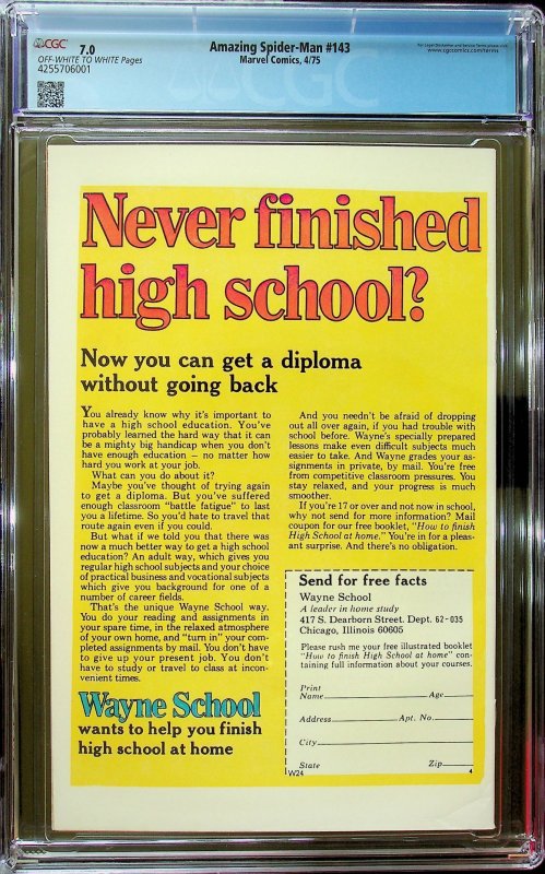 The Amazing Spider-Man #143 (1975) - CGC 7.0 - Cert #4255706001