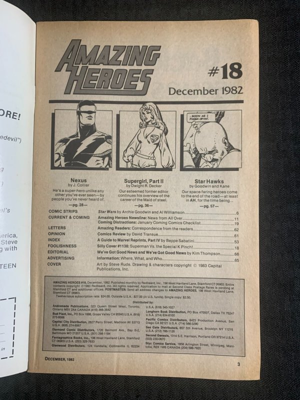 1982 AMAZING HEROES Comic Magazine #18 VG+ 4.5 Nexus / Star Wars Hawks Supergirl