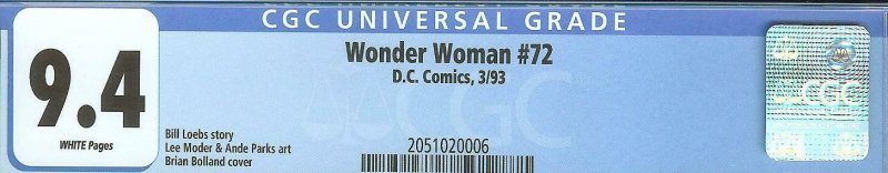 Wonder Woman 72 CGC 9.4   Brian Bolland cover   White Pages