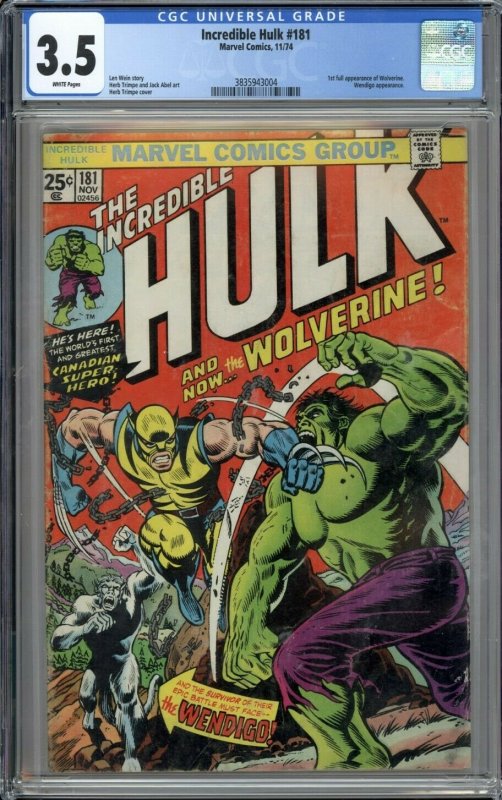 Hulk 181 CGC 3.5 White Pages 