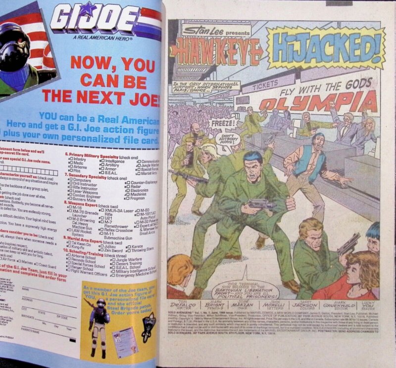 SOLO AVENGERS Comic 7 — Hawkeye and Black Widow — 1988 Marvel Universe VF+ Cond