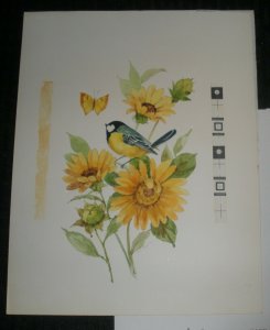 GET WELL SOON Yellow Bird w/ Flowers & Butterfly 7.5x9.5 Greeting Card Art #9610