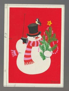 CHRISTMAS Snowman with Scarf Radio & Bird 4.25x6 Greeting Card Art #84