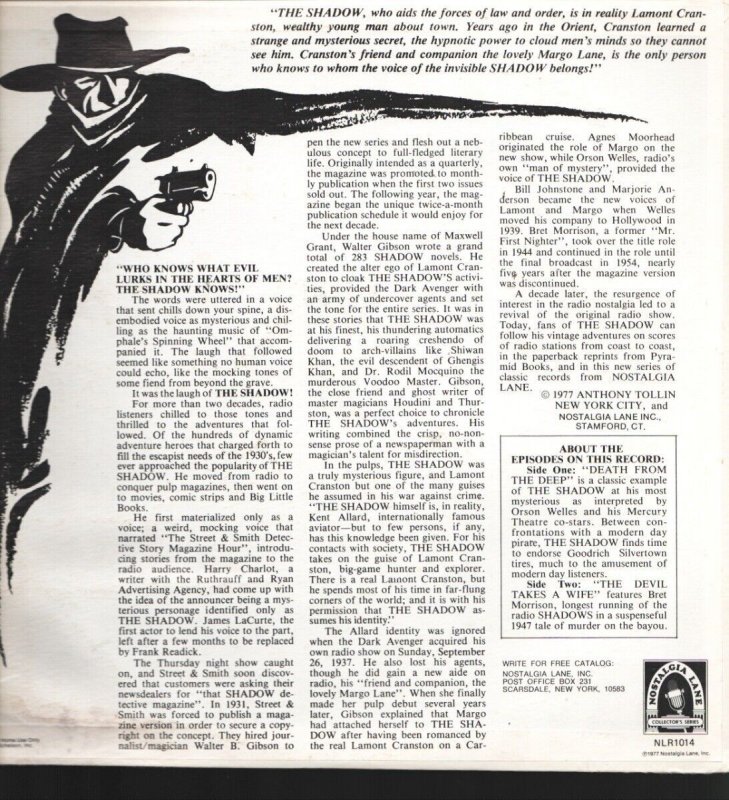 Shadow Radio Program Record Album 1977-2 original radio broadcasts-Orson Well...