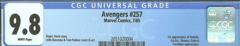 Avengers 257 CGC 9.8   1st Nebula   White Pages
