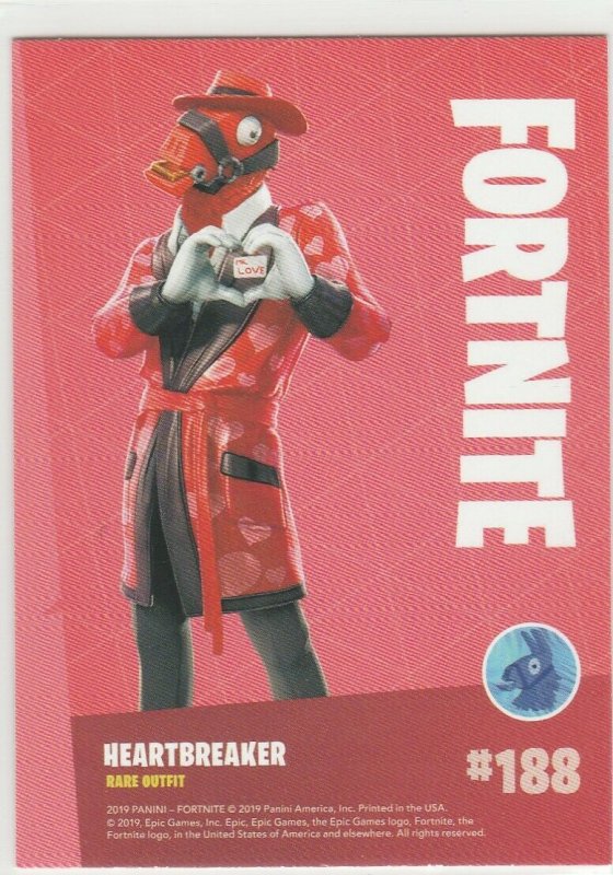 Fortnite Heartbreaker 188 Rare Outfit Panini 2019 trading card series 1