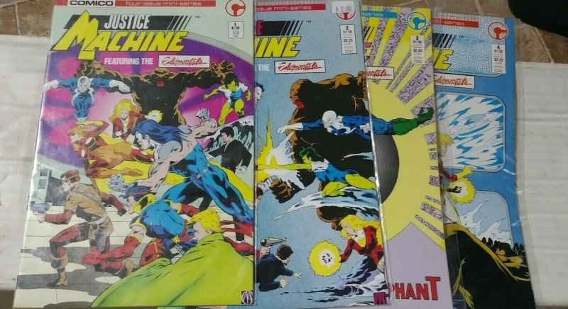 justice machine FEATURING THE ELEMENTALS MINI SERIES 1 2 3 4 1986 COMICO 