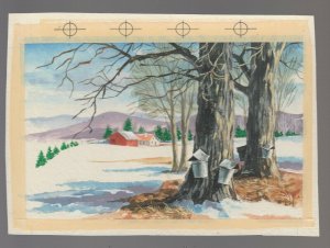 WINTER SCENE Maple Trees w/ Syrup Buckets 7.5x5.5 Greeting Card Art #10-4