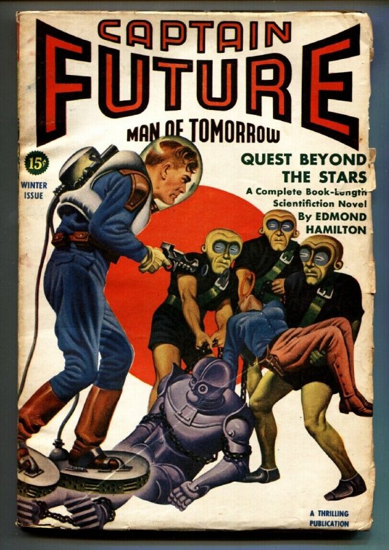 Captain Future Winter 1942-Earle Bergey Aliens menace woman cvr-Pulp mag