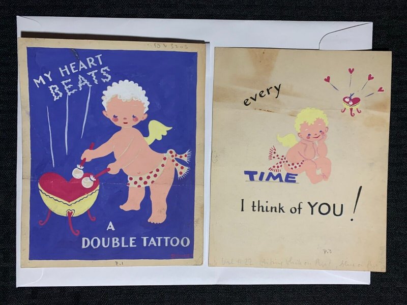 HAPPY VALENTINES DAY Cupid My Heart Beats 2pcs 6x7.5 Greeting Card Art V3203