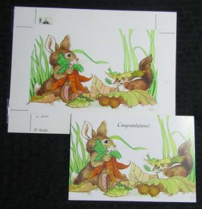 CONGRATULATIONS Cute Rabbit w/ Carrots & Squirrel 9x7 Greeting Card Art #8026