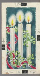 CHRISTMAS 3 White Candles Holly Berry w/ Red Ribbon 6x10 Greeting Card Art #8-7