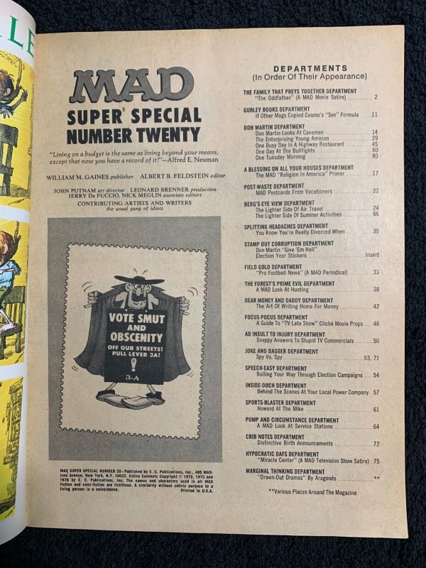 1976 MAD SUPER SPECIAL Magazine #20 VG 4.0 with Election Year Stickers Insert