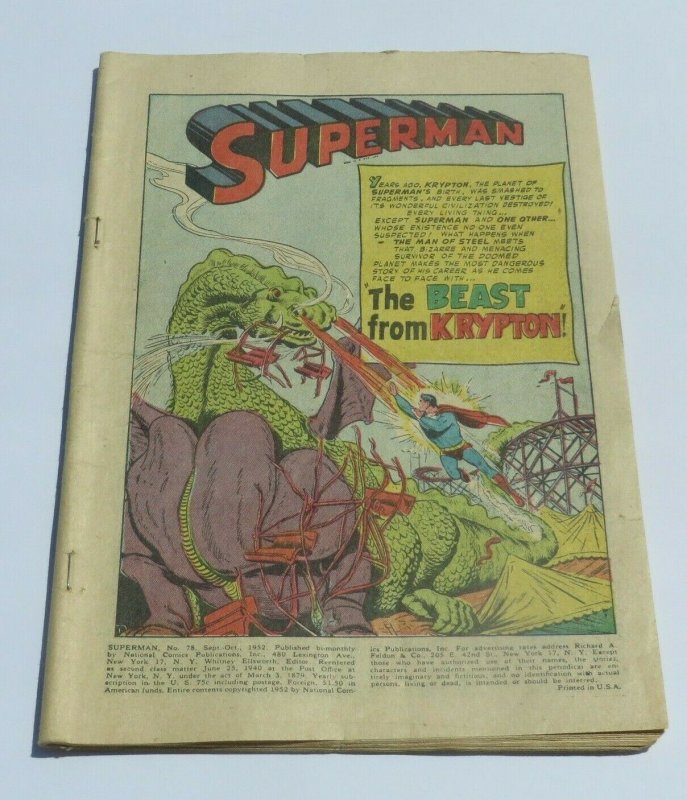 Superman #78 Coverless 1952 DC Golden Age Comic The Book Beast From Krypton