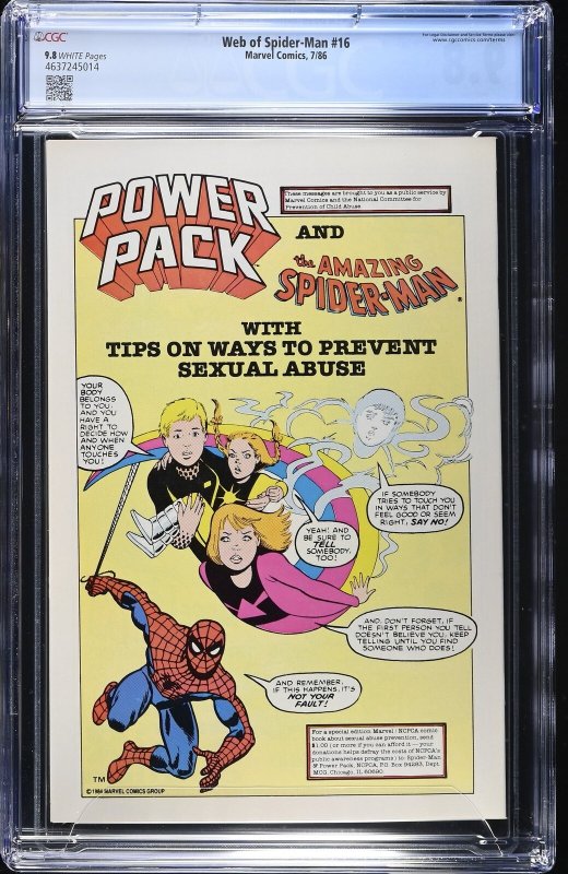 Web of Spider-Man #16 (7/86) Graded CGC 9.8