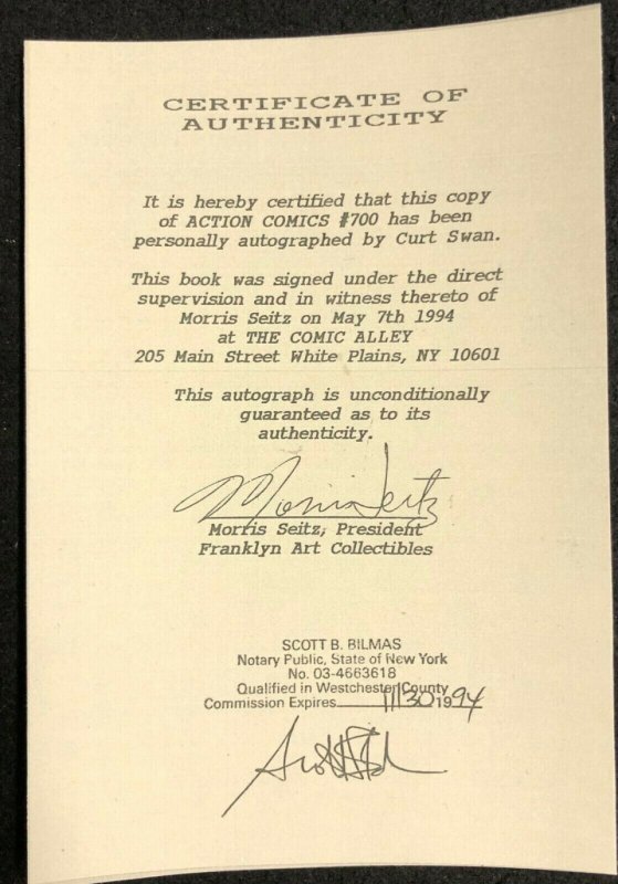 Action Comics (1938) #700 NM (9.4) Signed by Curt Swan W/COA Superman