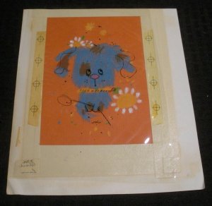 BIRTHDAY Cartoon Blue Dog w/ White Yellow Flower 9x10 Greeting Card Art #8716