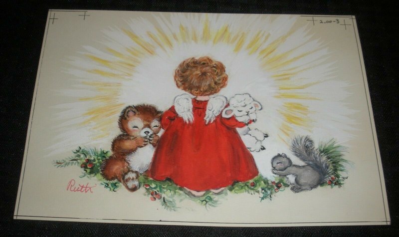 CHRISTMAS Cute Angel Girl w Lamb Squirrel Raccoon 9x6 Greeting Card Art #200-3