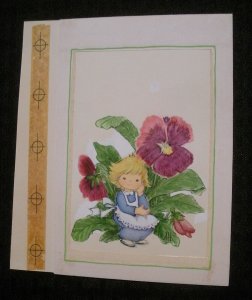 THINKING OF YOU Cute Girl w/ Purple Flowers 4.5x7 Greeting Card Art #C9201