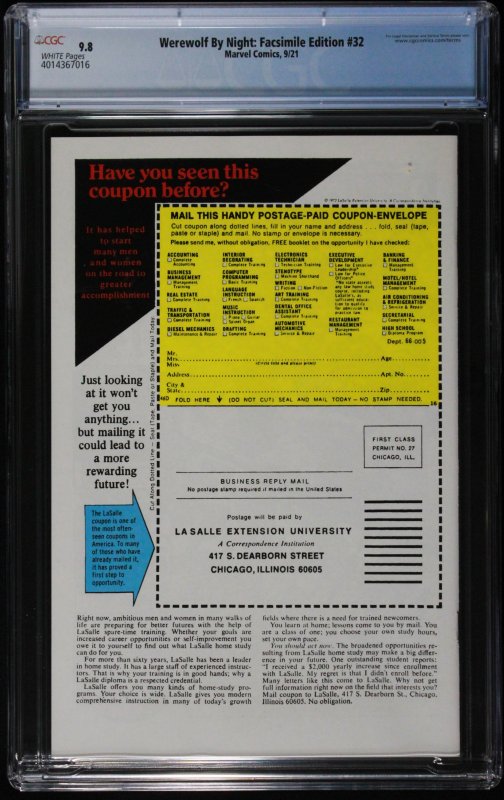 Werewolf By Night: Facsimile Edition 32 CGC 9.8  Reprints Werewolf By Night #32