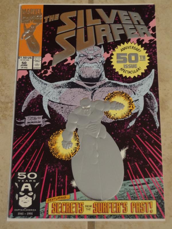 Silver Surfer #50, NM; Silver foil, embossed cover!! Battle with Thanos!!