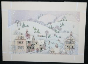 Snowy Town Original Christmas Greeting Card Painted Art by June Maxwell