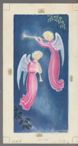 CHRISTMAS Two Angels in Pink Robes Playing Trumpets 6x11 Greeting Card Art #83