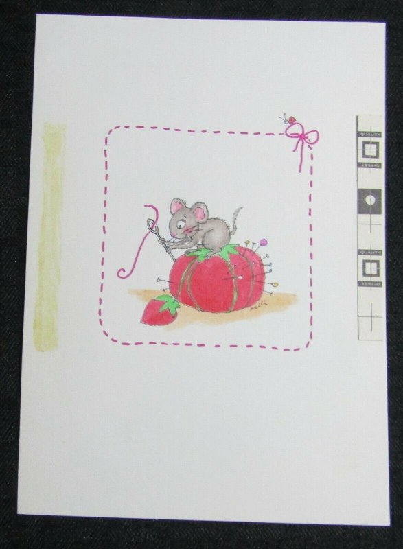 DARN IT Cartoon Mouse w/ Strawberry & Pincushion 5.5x8 Greeting Card Art #C9329