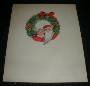 MERRY CHRISTMAS Santa w/ Mrs Claus & Wreath 7x9 Greeting Card Art #FL319