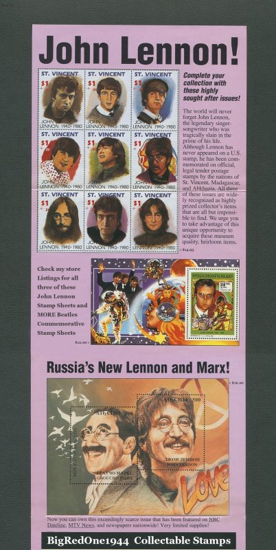 John Lennon Commemorative Madagascar Stamp Sheet  1995