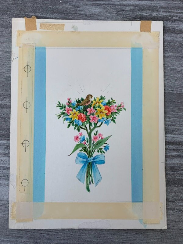 THANK YOU NOTE Singing Bird Flower & Blue Ribbon 7x10 Greeting Card Art T19004