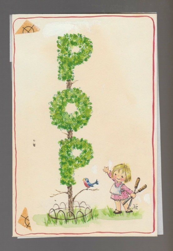 FATHERS DAY Pop Tree with Cute Girl & Bird 4.25x6.5 Greeting Card Art #FD7601