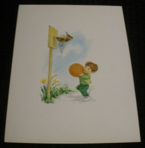 BIRTHDAY Cute Boy Playing Basketball w/ Bird 7.5x9.5 Greeting Card Art #7556