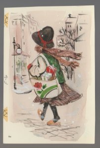 MERRY CHRISTMAS Girl on Street w/ Bag of Presents 4.5x6.5 Greeting Card Art #F6
