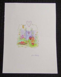 NOTE OF CHEER Garden w/ Purple Gate & Birdhouse 9x12 Greeting Card Art #4042