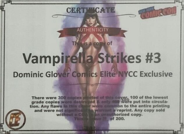 VAMPIRELLA STRIKES #3 DOMINIC GLOVER NYCC 2022 EXCLUSIVE VIRGIN VARIANT SET COA.