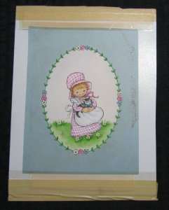 MOTHERS DAY Cute Girl in Pink Bonnet Dress Kitten 7x9.5 Greeting Card Art #MD510